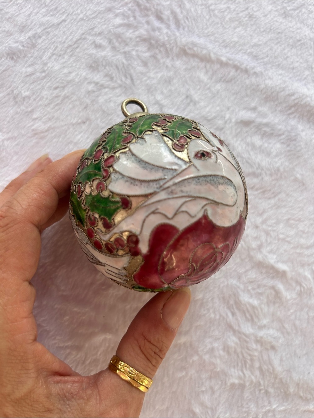 NYCO Vintage Cloisonne Enamel Christmas Ornament Ball Two Turtle Doves 3in